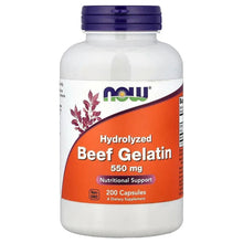 NOW Foods hydrolyzed beef gelatin supplement bottle, 200 capsules, 550 mg front label