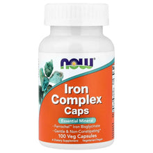 Iron complex supplement bottle with orange label, green accents, and white cap