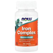 NOW Foods Iron Complex supplement bottle with orange Iron Complex 100 tablets label