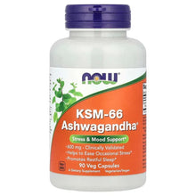 NOW Foods KSM-66 Ashwagandha supplement bottle, purple cap, front label details