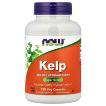 NOW Foods Kelp supplement bottle with blue cap, orange label, 250 veggie capsules