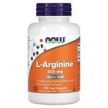 L-Arginine 500 mg supplement bottle with blue cap, 100 veg capsules label