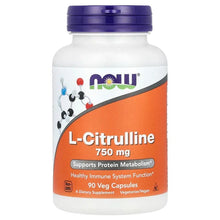 NOW L-Citrulline 750 mg bottle label, 90 veg capsules, orange supplement panel