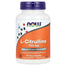 NOW Foods L-Citrulline 750 mg veg capsules bottle, orange label and blue cap