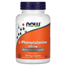NOW Foods L-Phenylalanine 500 mg bottle label, 120 veg capsules, free-form