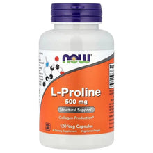 L-Proline 500 mg supplement bottle with NOW label and 120 veggie capsules