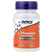 Dietary supplement powder bottle with blue cap and orange L-Theanine label