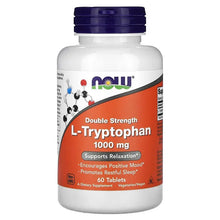 NOW L-Tryptophan 1000 mg supplement bottle, Double Strength, 60 tablets label