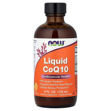 Liquid CoQ10 supplement bottle, amber glass with black cap and orange front label