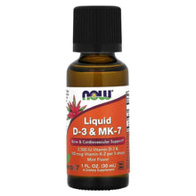Liquid vitamin D-3 & MK-7 bottle, black cap, amber glass, mint-flavored label