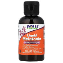 Liquid melatonin supplement bottle with black cap, front label and product graphic