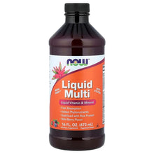 NOW Liquid Multi supplement bottle, black cap, brown bottle with orange front label