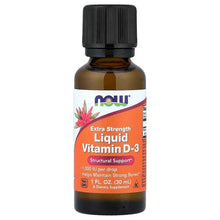 Amber liquid vitamin D-3 bottle with black ribbed cap, front label