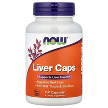 NOW Liver Caps supplement bottle with blue cap, orange label, 100 capsules