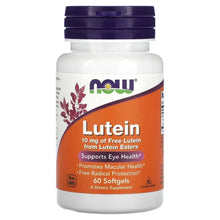 Lutein 10 mg softgel supplement bottle with NOW label, 60 softgels