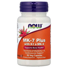 NOW MK-7 Plus vitamin supplement bottle with dark purple cap and orange label
