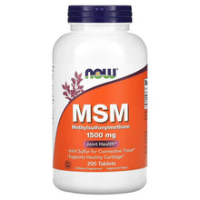 NOW MSM supplement bottle with orange label, 1500 mg, 200 tablets