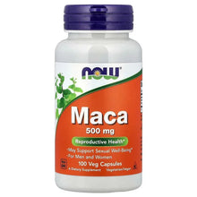 Maca supplement bottle, 500 mg label on white bottle with blue cap