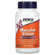 Supplement bottle with Macular Vision label and dark cap, 50 softgels