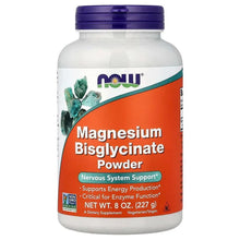 NOW magnesium bisglycinate powder bottle, front label with orange and blue text