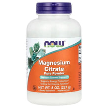 Magnesium Citrate pure powder supplement bottle, white with purple cap and label front