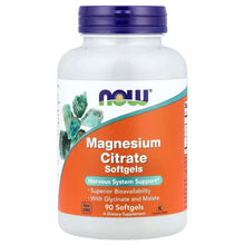 Magnesium citrate softgels bottle with purple cap, orange label for nervous system support.