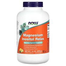 Magnesium inositol relax supplement bottle, lemonade flavor, 16 oz, white with navy cap