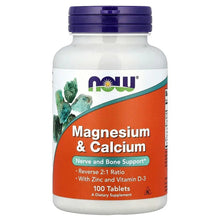 White NOW magnesium & calcium bottle, purple cap, orange label, 100 tablets