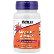 NOW Foods Mega D3 & MK-7 supplement bottle with front label and purple cap