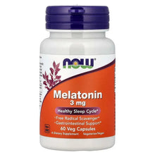Melatonin supplement bottle, purple cap, orange label, 3 mg, 60 veggie capsules