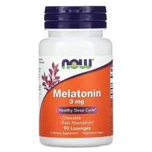 Melatonin lozenges bottle with purple cap, front label shows 3 mg and 90 lozenges