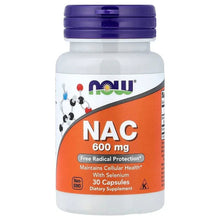 NOW NAC 600 mg supplement bottle with purple cap, orange label, 30 capsules