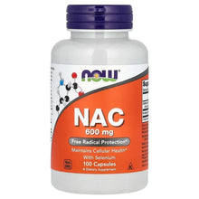 NOW NAC 600 mg dietary supplement bottle with purple cap, 100 capsules