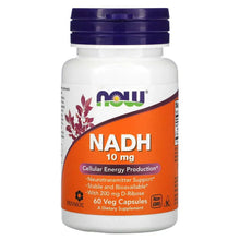 NOW Foods NADH 10 mg supplement bottle with purple cap and front label for 60 veg capsules