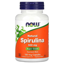 Spirulina veg capsule bottle with blue cap, orange label, 500 mg, 120 capsules