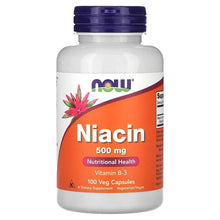 Niacin bottle, purple cap, orange label: 500 mg, 100 veg capsules