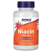 Niacin 500 mg supplement bottle with purple cap and label for 100 veggie capsules