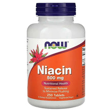 Niacin 500 mg dietary supplement bottle with blue cap and orange front label