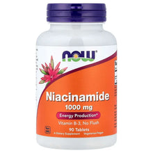 Niacinamide supplement bottle with purple cap, orange label, 1000 mg, 90 tablets.