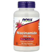 Niacinamide supplement bottle with blue cap, orange label, 500 mg, 100 veg capsules