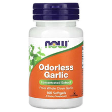 NOW odorless garlic softgel bottle with orange label, 100 softgels