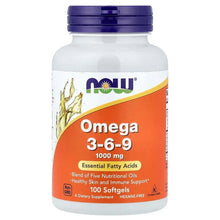 NOW Foods Omega 3-6-9 softgel bottle front label, purple cap and orange panel