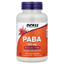 NOW Foods PABA 500 mg supplement bottle with purple cap and front label