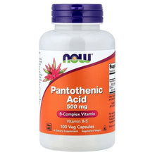 Pantothenic acid supplement bottle, 500 mg, orange NOW label, 250 veg capsules