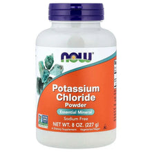 NOW Potassium Chloride powder supplement bottle, white with purple cap and orange label