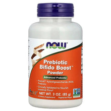 NOW prebiotic bifido boost powder bottle with orange label and purple cap