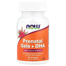 NOW Prenatal softgels bottle with DHA, orange label and white cap