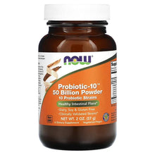 NOW Probiotic-10 powder supplement bottle with front label and orange design