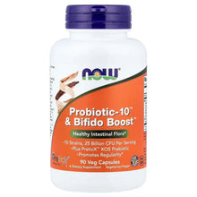NOW Probiotic-10 & Bifido Boost supplement bottle with purple cap, 90 veg capsules label