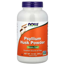 Psyllium husk powder jar, white bottle with purple cap and orange front label